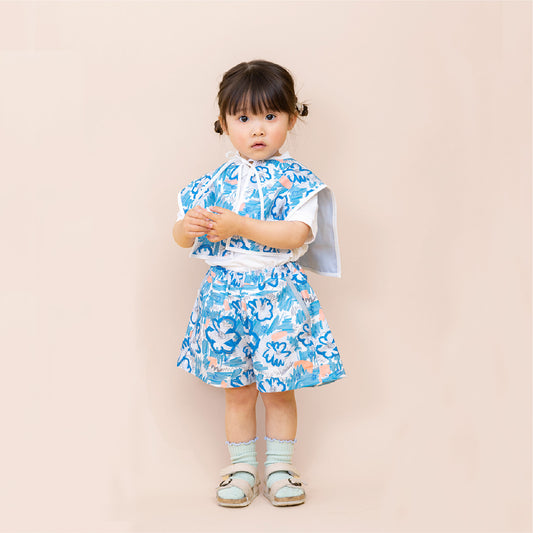 【WEB限定】青いおはなセットアップ ★付け襟+ワイドショートパンツ ※単品もこちらから