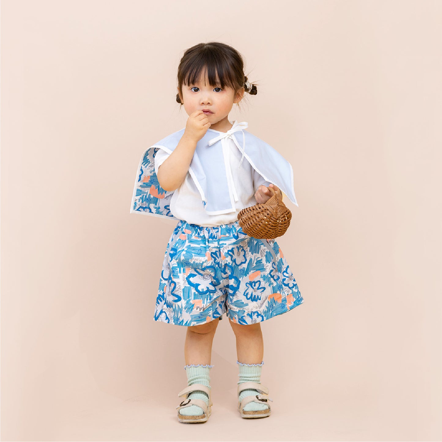 【WEB限定】青いおはなセットアップ ★付け襟+ワイドショートパンツ ※単品もこちらから