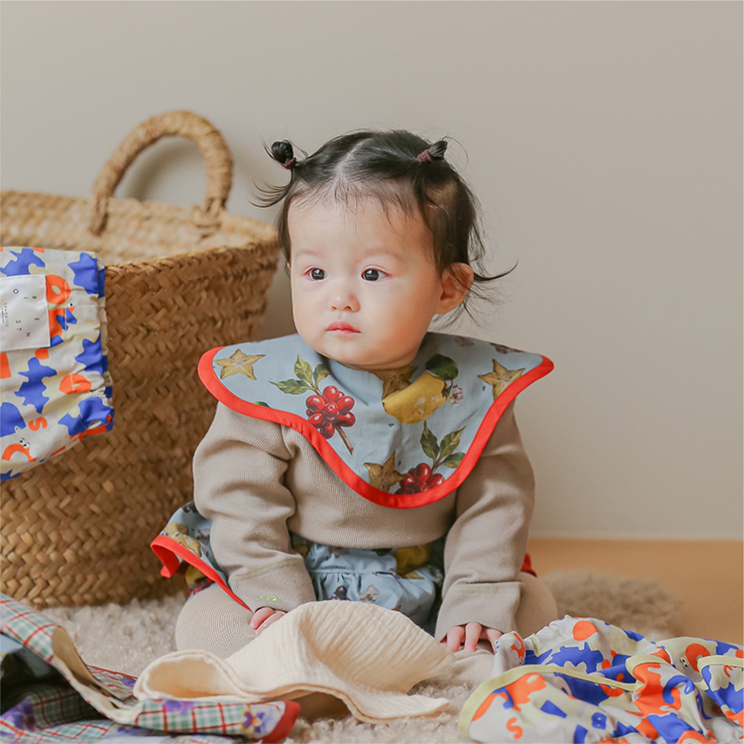 スタイ+ボトム＋長袖ロンパース3点セット- なぞなぞフルーツ